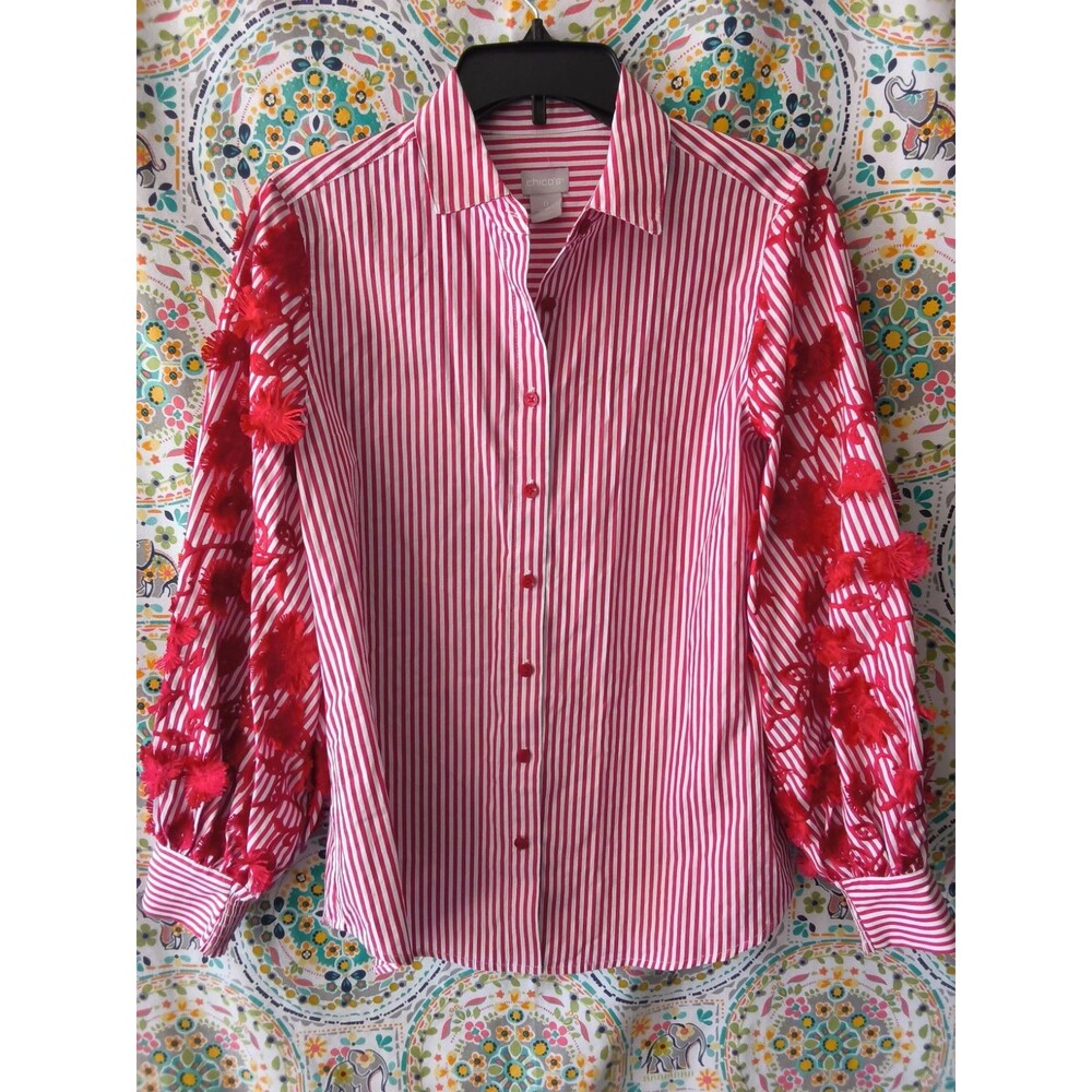 Chico's Western Shirt Women's Size 4 Red Frilly Cowgirl Striped Button Up Rodeo